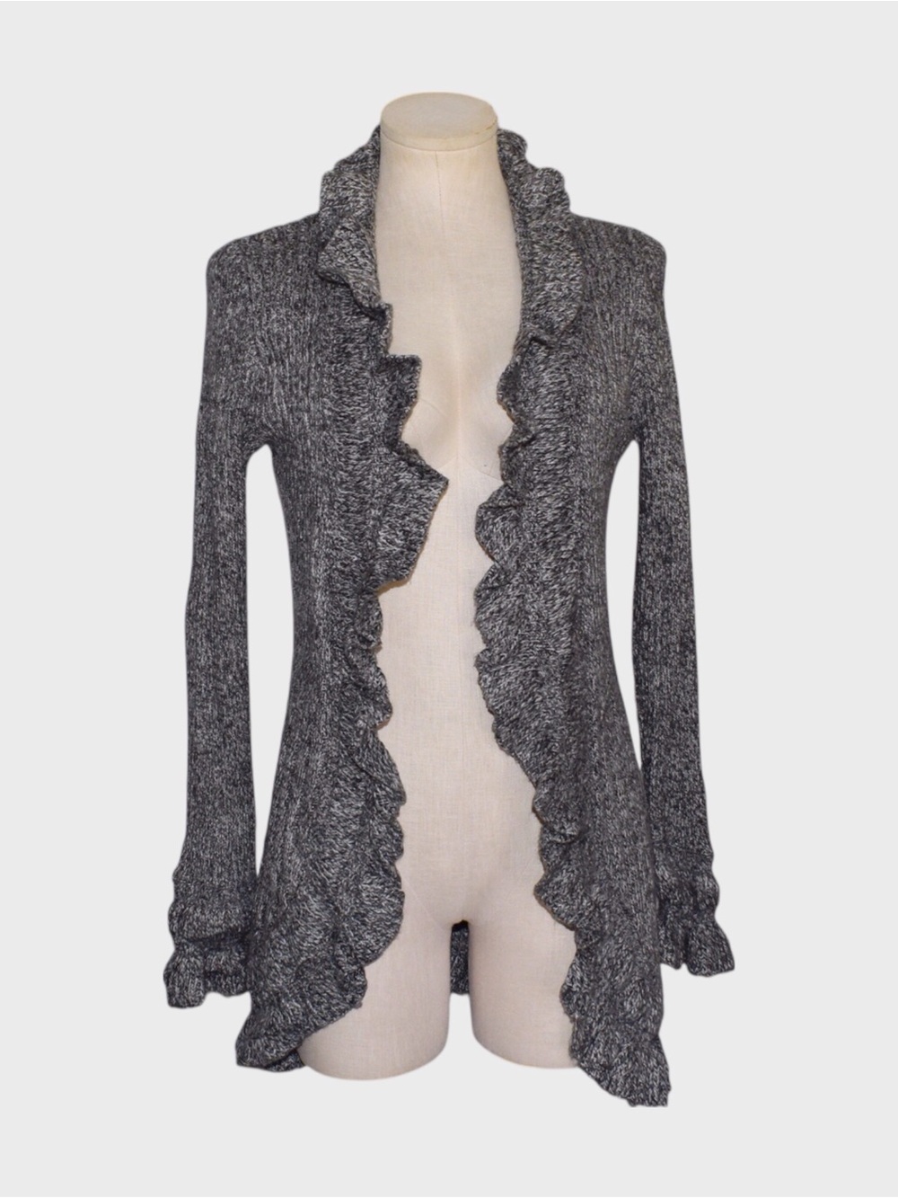 Debbie Morgan Gray Marled Ruffle Open Front Cardigan